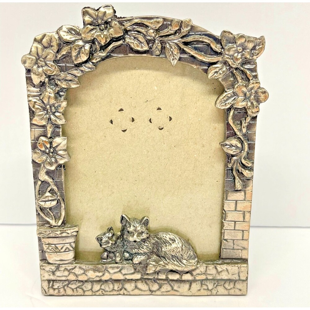 Vintage Pewter Cat & Kitten Picture Frame with Brick and Floral Design - 2.5x3.5